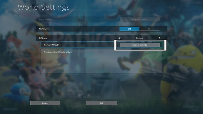 palworld world settings custom setting option highlighted