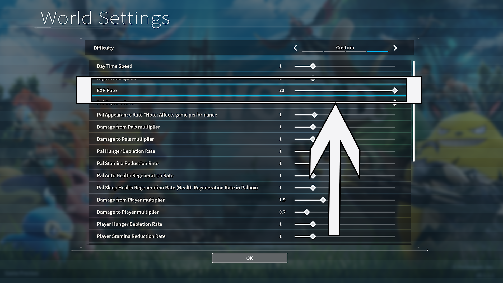 palworld world settings exp gain adjustment setting highlighted