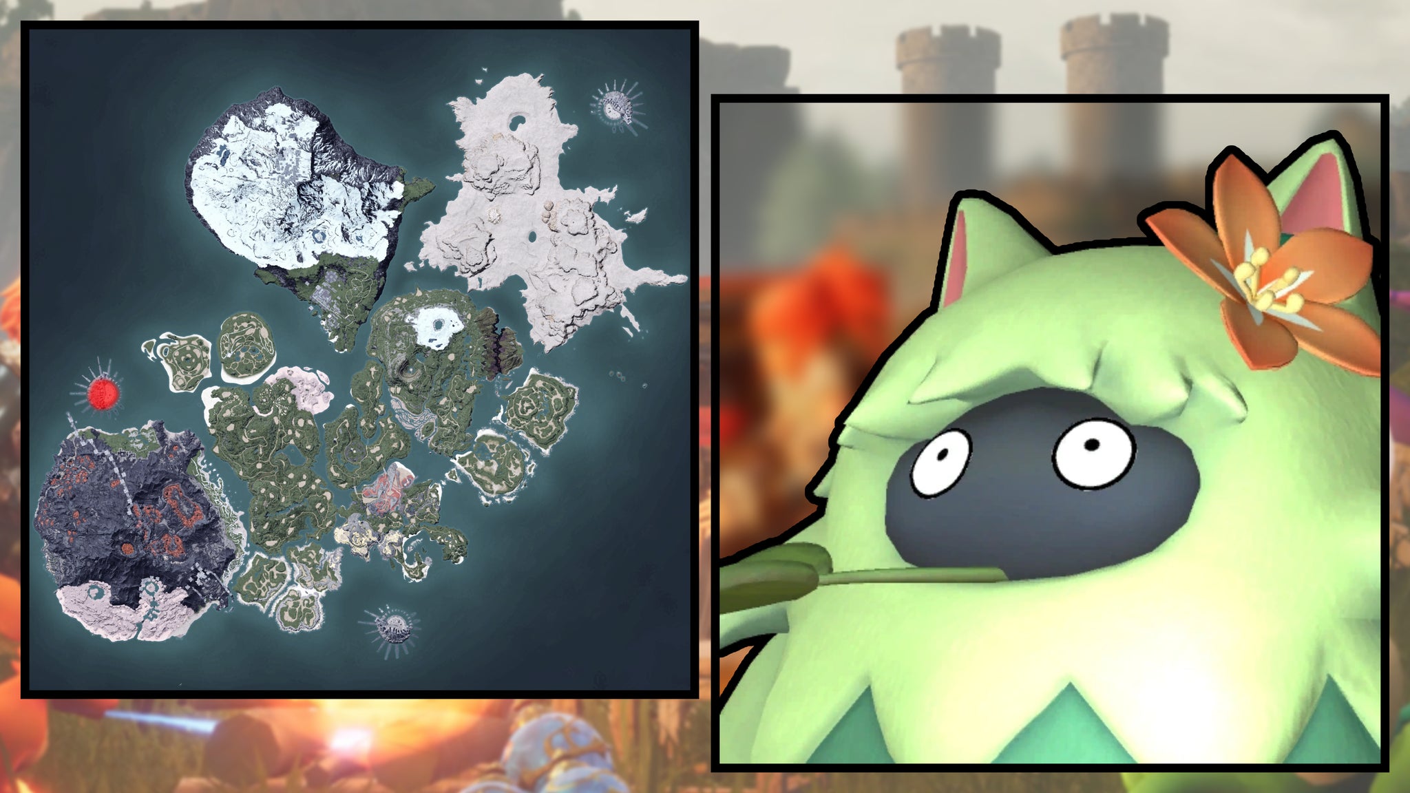 A screenshot of a Wumpo Botan in Palworld, next to a heatmap of their spawn locations. - 116