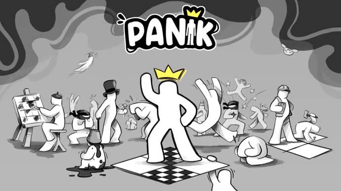 Featureless black and white humanoid figures doing different activities in key art for PANIK.