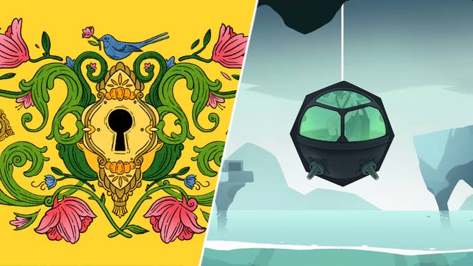 A diver in a bell in Sub-Verge, alongside art for Puzzletrunk.