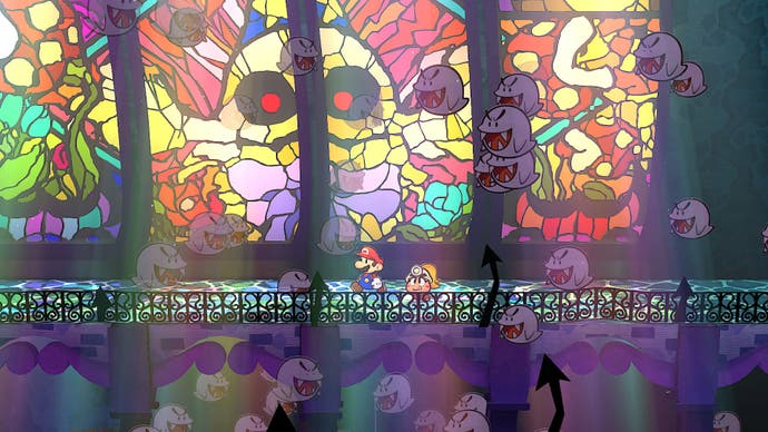 Mario and Goombella move past a stained glass window in The Thousand Year Door.