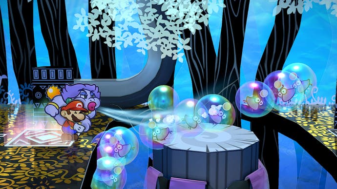 Mario y Madame Flurrie en el bosque en La puerta de los mil años.  Madame Flurrie protege a las criaturas en pequeñas burbujas.