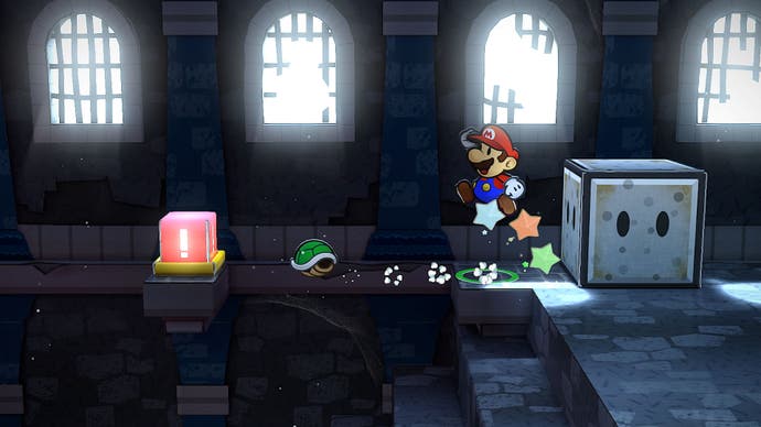 Mario activa interruptores con un caparazón de Koopa en The Thousand Year Door.