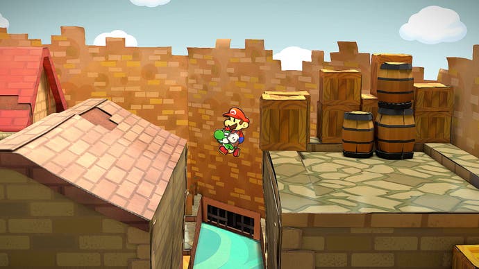 Mario rides Yoshi Kid across a rooftop gap in The Thousand Year Door.