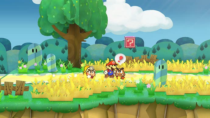 Mario y Goombella se encuentran con un Goomba en un campo en The Thousand Year Door.