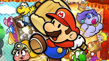 Official artwork for Paper Mario: The Thousand Year Door remake showing mario with a hammer and several other characters in a cartoon montage