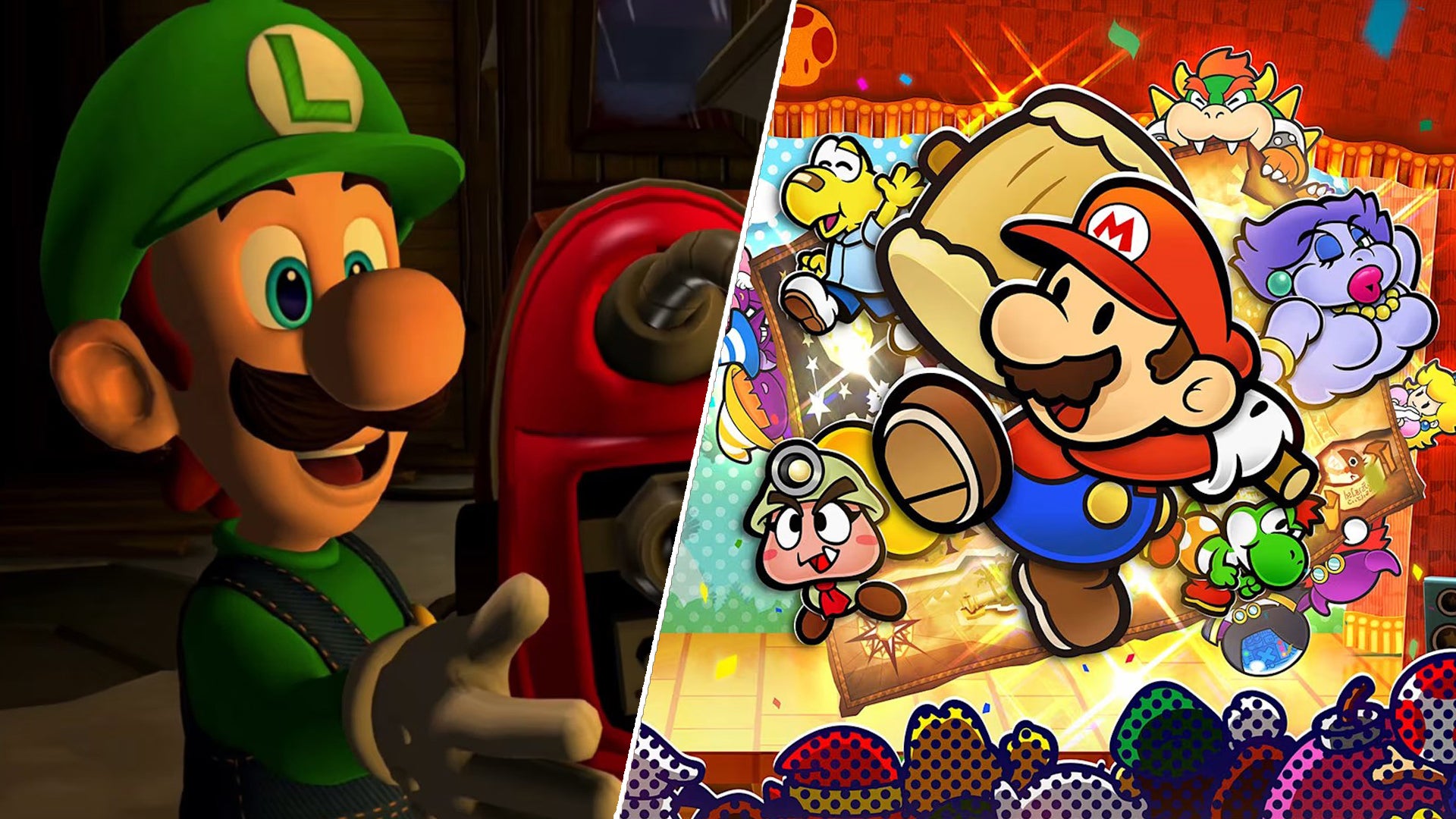 Luigi is holding what looks like a vacuum cleaner in Luigi's Mansion 2. Mario, in his Paper form, is holding a mallet, with the supporting cast of Paper Mario: The Thousand-Year Door behind him. - 60