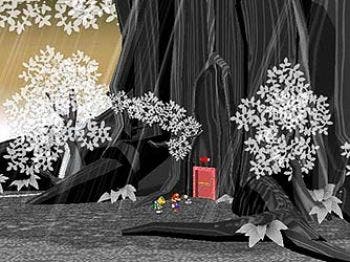 Best Mario Games - Paper Mario the Thousand Year Door screenshot showing Mario and friends in front of a small red door in a giant grey tree with white flowers with painterly art style.