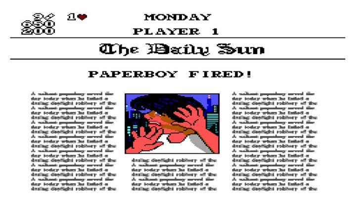 Paperboy 2 Game Over screen, the front page of The Daily Sun with the headline "Paperboy Fired!"