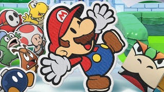Paper Mario looking shocked next to multiple Mario characters made of paper in The Origami King artwork