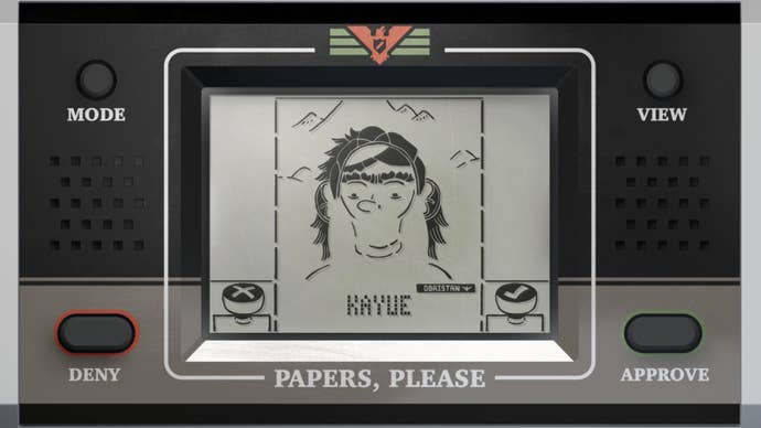 A screenshot from the Papers, Please demake, featuring a fictitious Game & Watch style handheld device. On its LCD-style screen, a crudely rendered document is shown, revealing a character’s face.