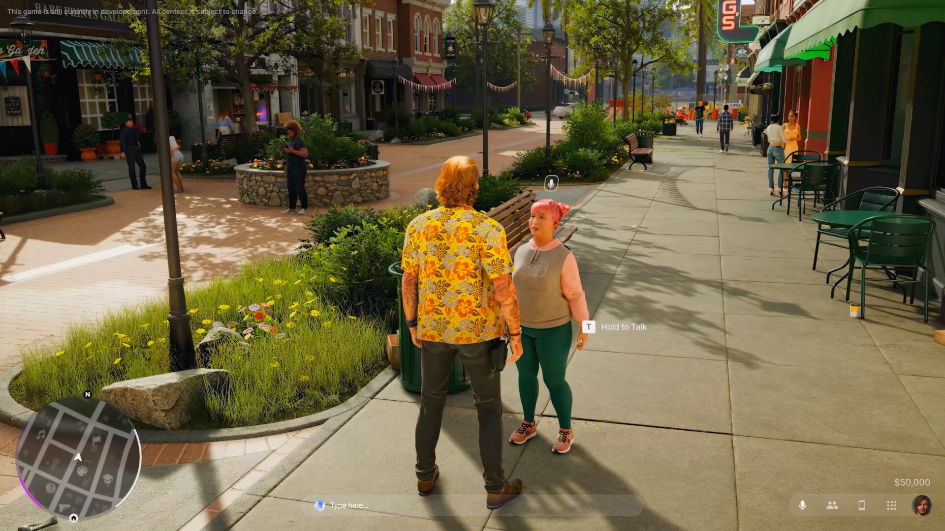 The player speaks to an NPC on a city street in sunny weather. - 4