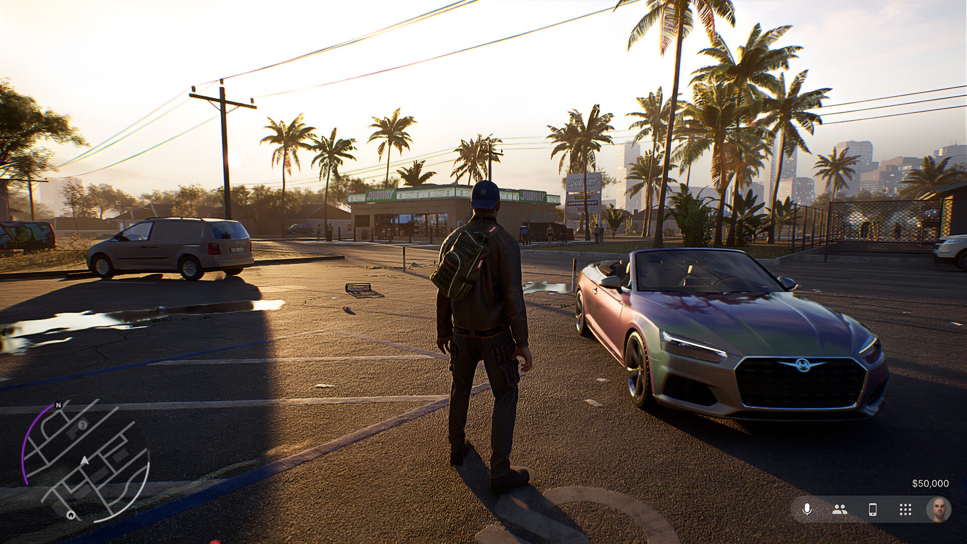 The player stands in a car park next to a sports car as the sun sets over palm trees in the distance. - 1