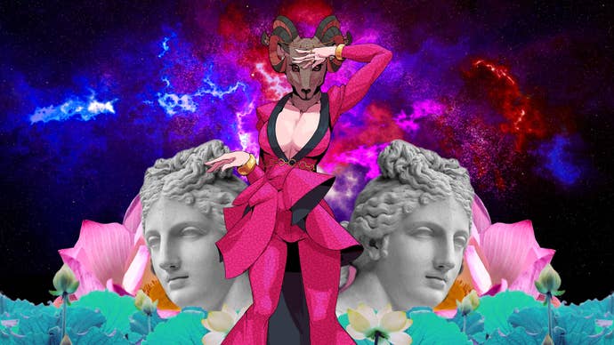 The goat-headed woman, Crimson Acid strikes a cool pose in Paradise Killer artwork.