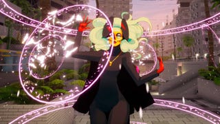 A suspect in Paradise Killer, a blonde woman in a black catsuit and cloak, and a gold skull mask over her face. She is conjuring magic pink circles in the air