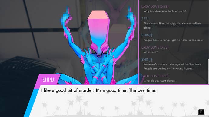 A blue and purple demon called Shinji gives you two middle fingers in Paradise Killer