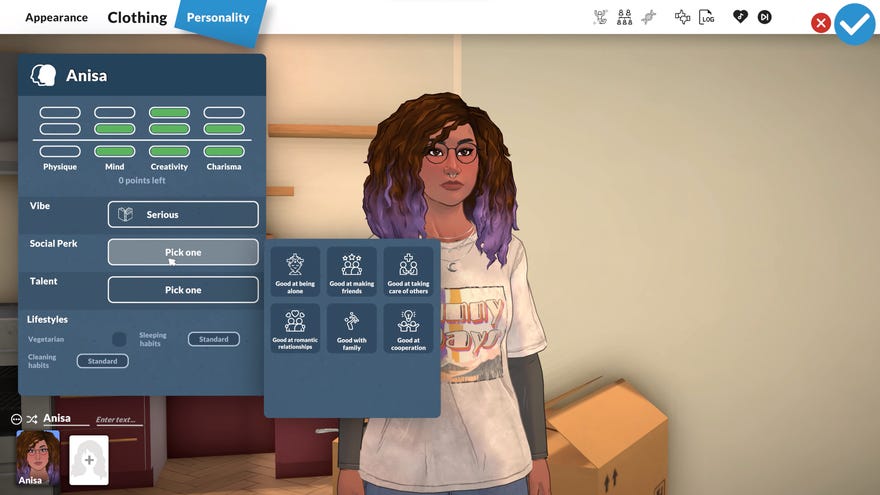 Selecting social perks during character creation in Sims-like life sim Paralives