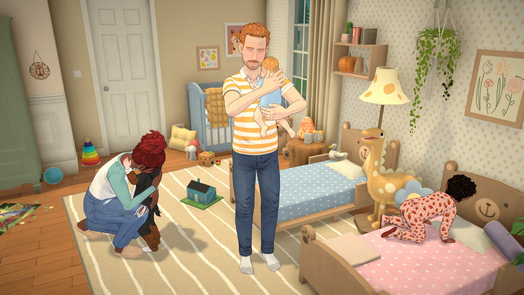 A family of Parafolk consisting of mother, father, and three infant children get ready for bed in a pastel-coloured nursery in Paralives' early access trailer. - 1