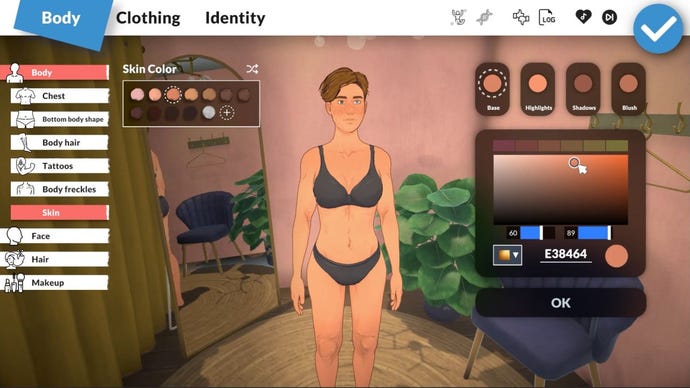 A para in an early version of Paralives' Paramaker character creation, having her skin tone changed and customised using a colour field selection tool