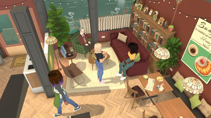 A Paralives screenshot showing an overhead view of two friends chatting in a cosy coffee shop.