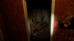 A first-person perspective of someone holding a flashlight looking in a messy room in Paranormal Activity: Threshold.