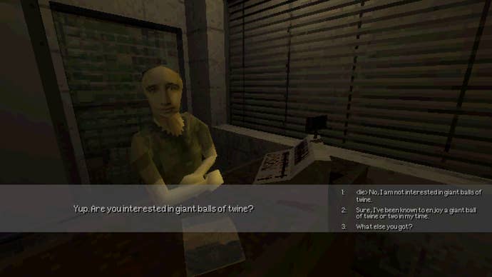 Chatting to a petrol station about a giant ball of twine in a Paratopic screenshot.