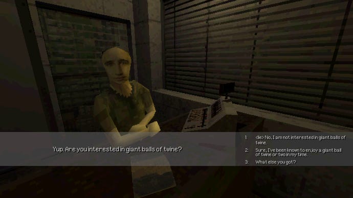 Chatting to a petrol station about a giant ball of twine in a Paratopic screenshot.