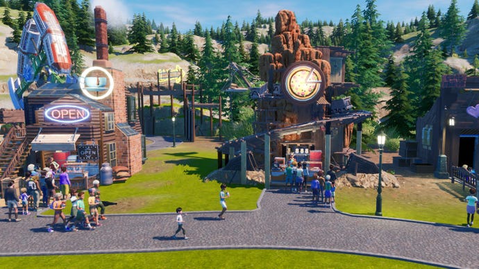 An old west themed pizza shop in Park Beyond, that looks like a miniature mine with a pizza light on the front