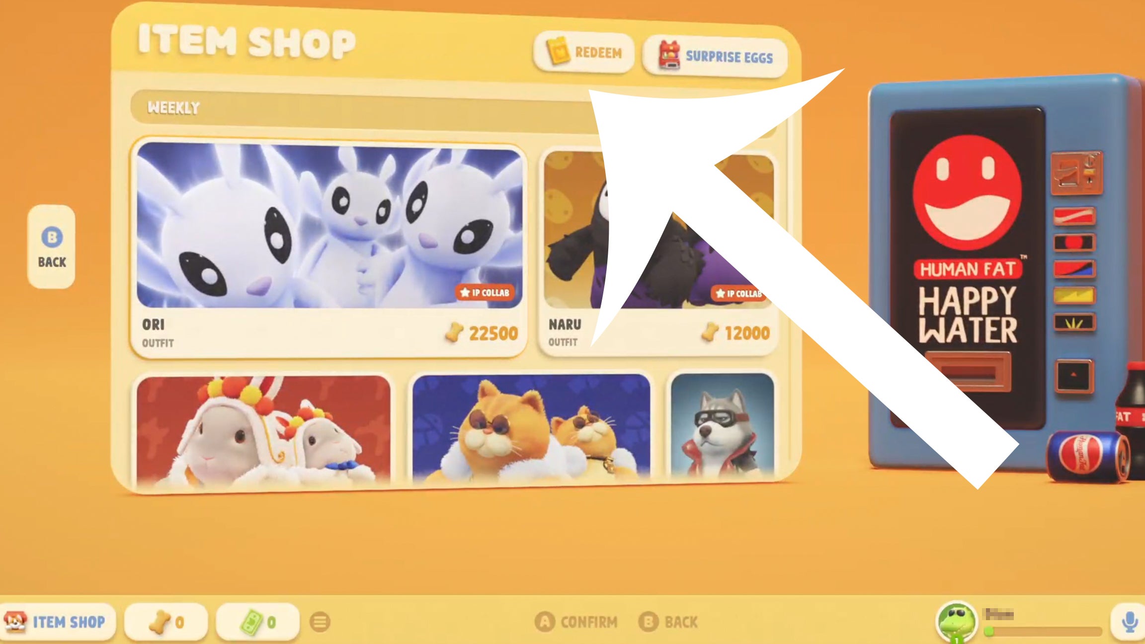 Arrow pointing at the button players need to press to access the code redemption screen in Party Animals.