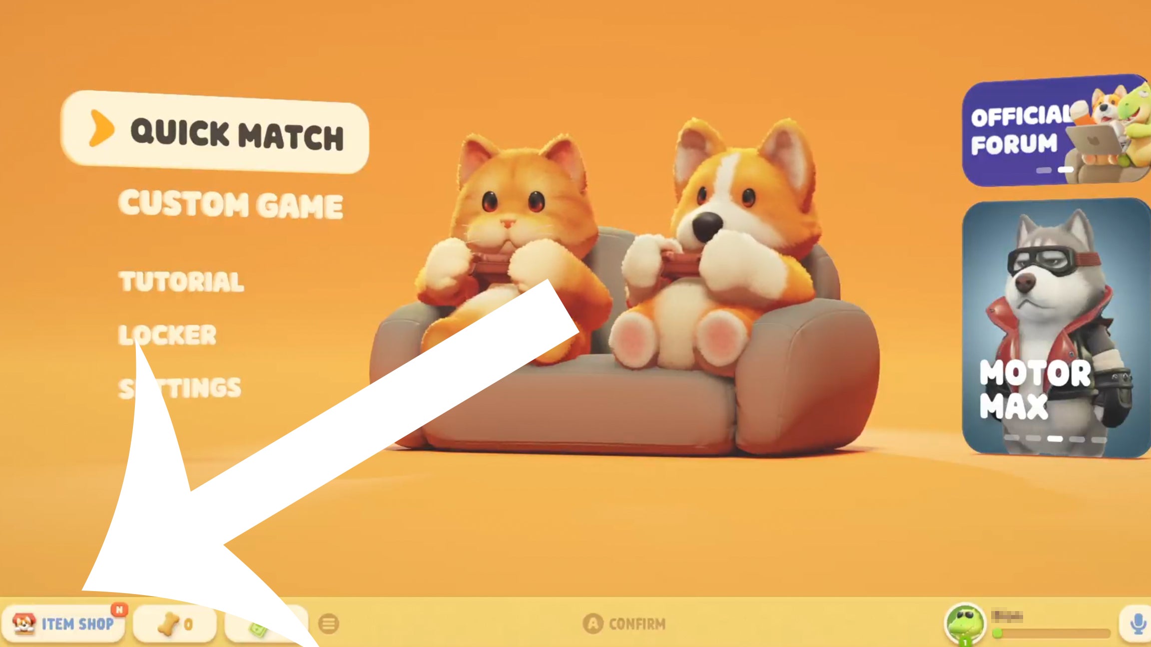 Arrow pointing at the button players need to press to access the Item Shop in Party Animals.