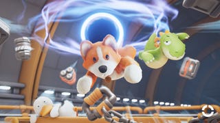 Duck, corgi and dinosaur characters in Party Animals hold on for dear life as gravity attempts to suck them into a a black hole