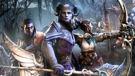 Three characters from Dragon Age: The Veilguard - a horned warrior with a staff, an archer, and a rogue