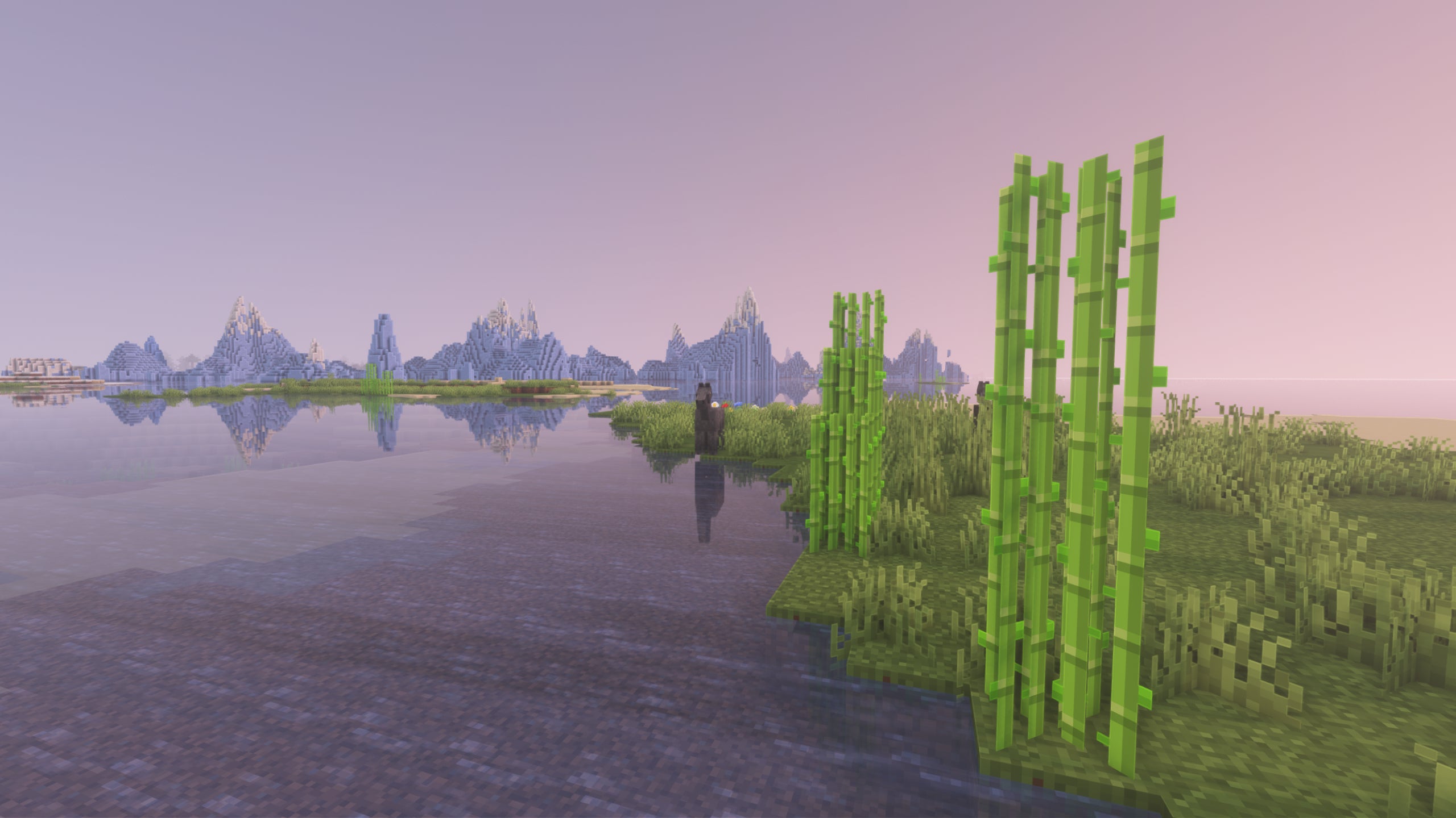 Some sugarcane on a coast in Minecraft with Pastel Shaders installed.