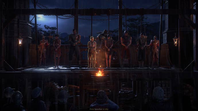 Half a dozen characters stand on a scaffold, nooses around their necks, awaiting the drop. It’s Path of Exile 2’s character select screen.