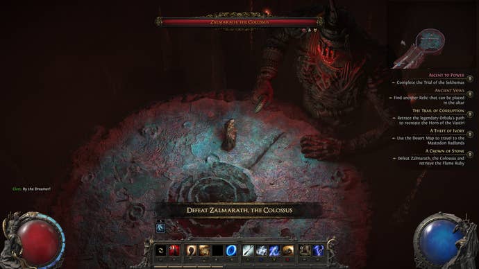 A small character on a circular platform fights a huge titan-sized colossus.