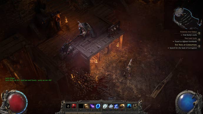 A screenshot from Path of Exile 2, showing the hideous Executioner boss doing what they’re named after - executing someone by chopping off their head.
