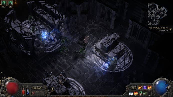 Wandering around a gloomy cemetery and fighting some wraiths in POE2.