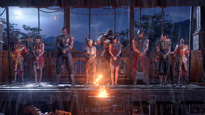 All six character classes stand at a gallows in Path of Exile 2’s unique class select screen.