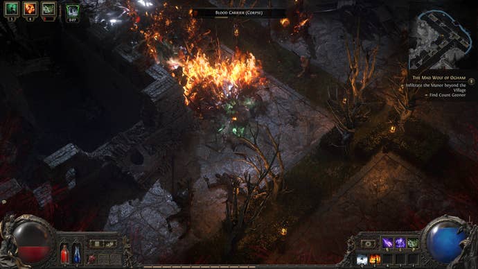 Shooting flame at a horde of enemies in POE2.