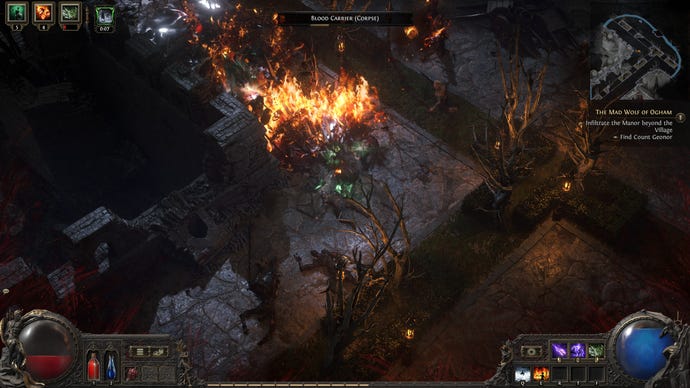 Shooting flame at a horde of enemies in POE2.