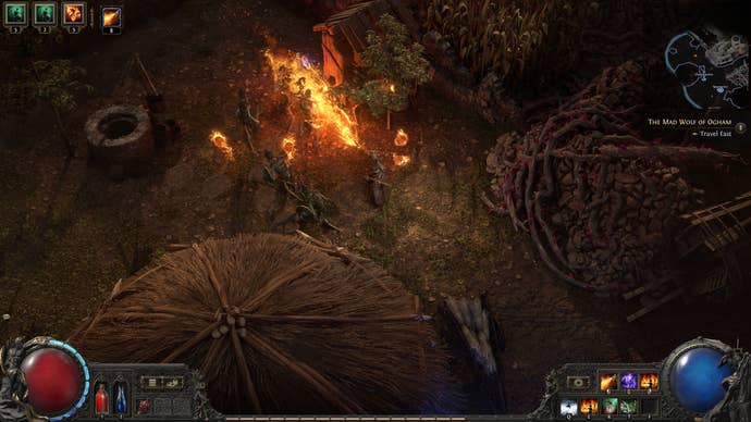 A Witch shoots flame from her hand at some enemies in POE2.