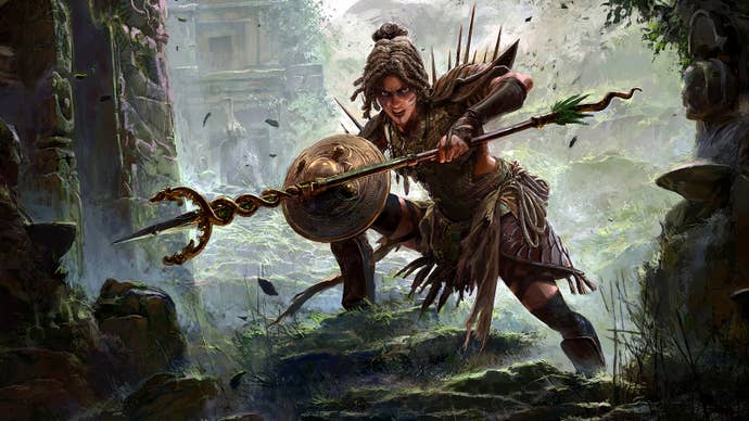 The new Huntress class for Path of Exile 2. A feminine character holding a shield and spear crouches, grimacing, ready for action.