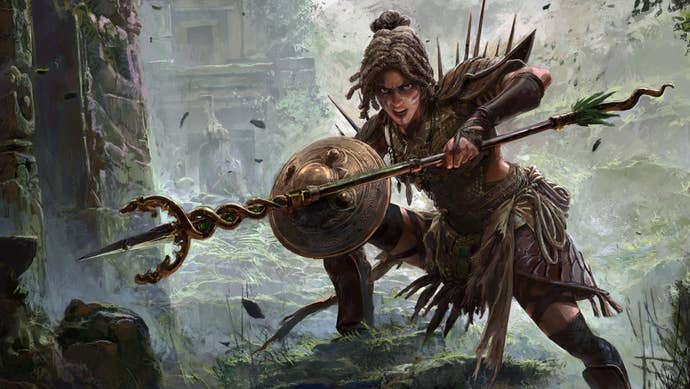 Path of Exile 2 concept art showing Huntress class with spear and shield