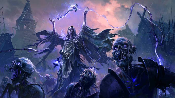 The new lich ascendency in Path of Exile 2. A gaunt and undead witch-like character stands, arms raised, above a gaggle of undead horrors, as purple energy is sucked from them.
