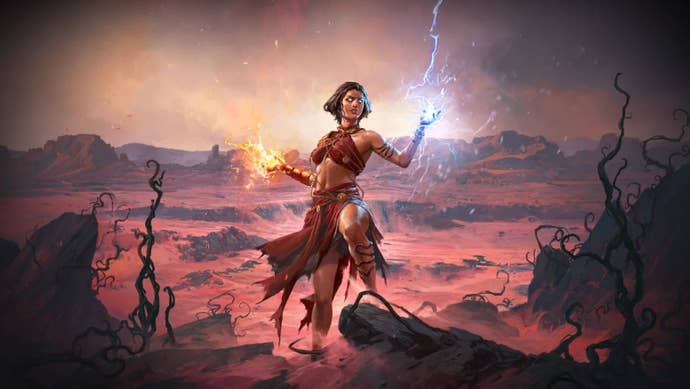 A sorceress charges a spell in each hand as a desert stretches behind her.