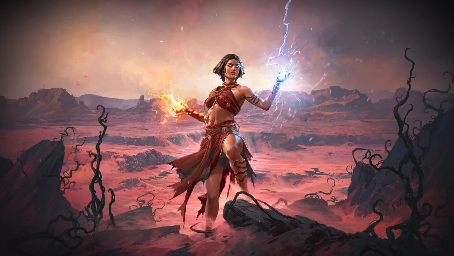 A sorceress charges a spell in each hand as a desert stretches behind her. - 1