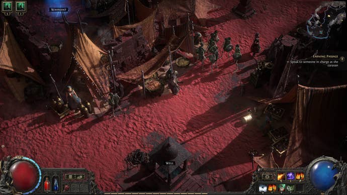 Checking out an encampment situated on some crimson sands in POE2.