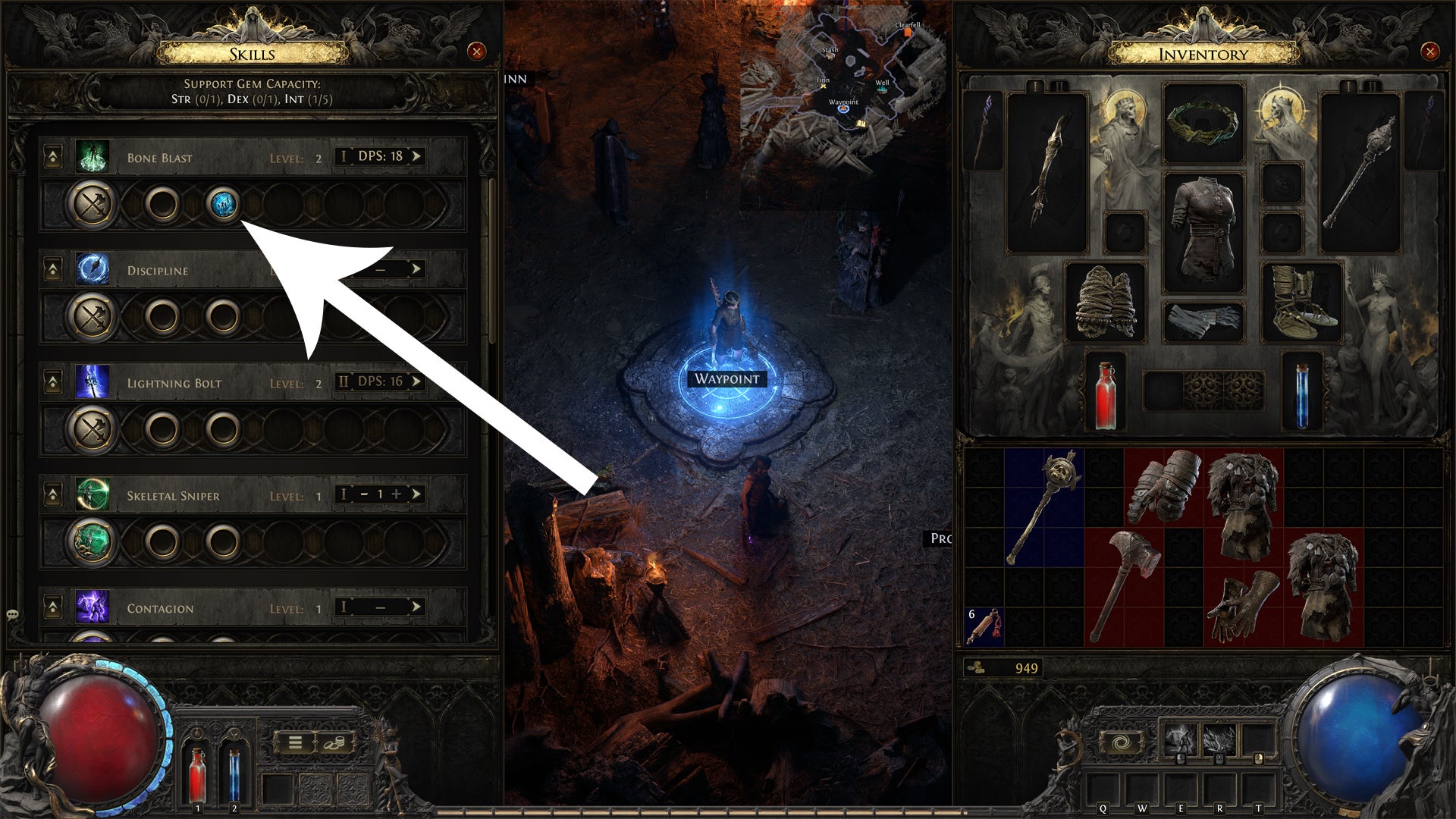 An arrow pointing to support sockets in Path of Exile 2. - 6