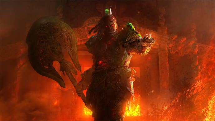 A fiery piece of art. A muscular warrior with a huge battleaxe stands in front of burning building and points at the camera as if to issue a challenge.